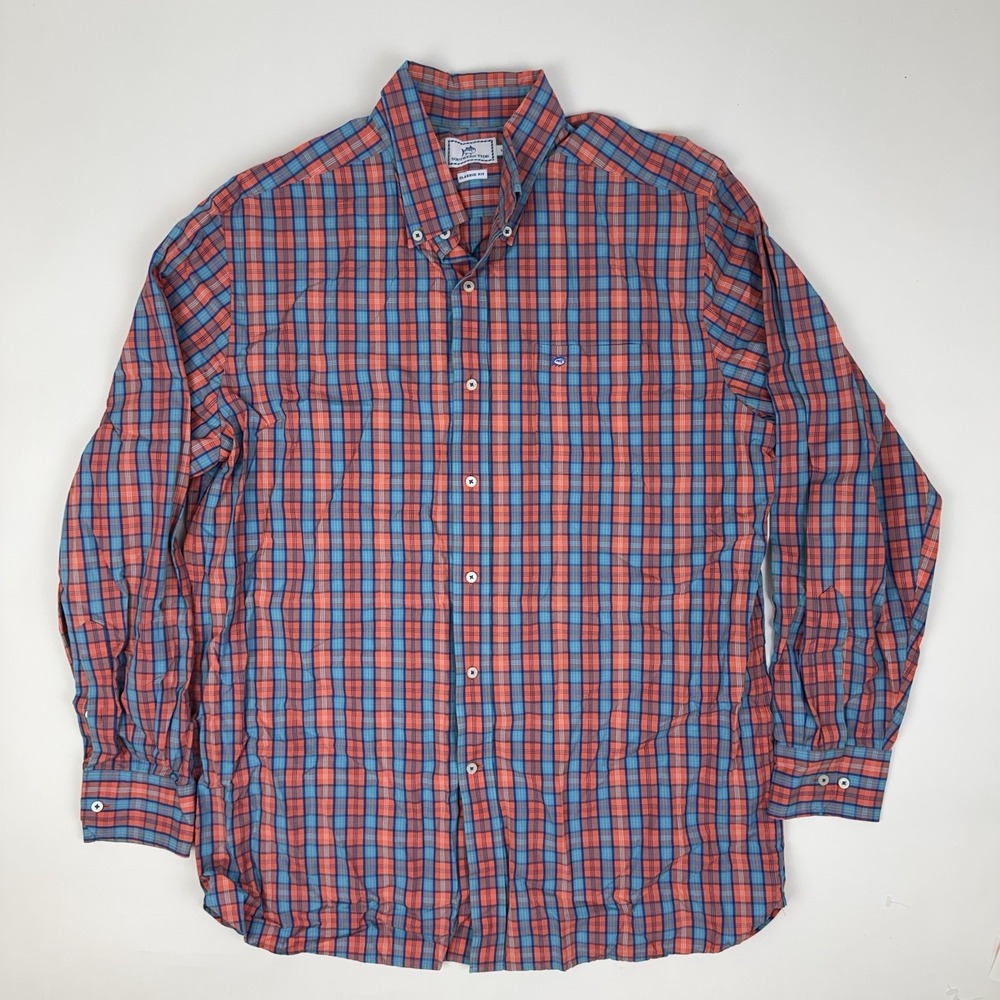 Mens Southern Tide Coral Madras Plaid Classic Fit Button-Up Casual Shirt Size L